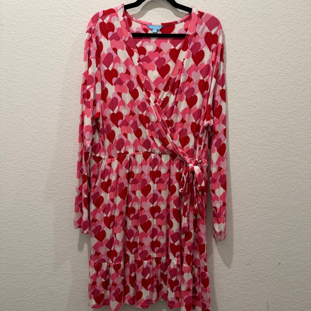 Draper James RSVP Pink Red Heart Print Wrap Dress Long Sleeve XXL